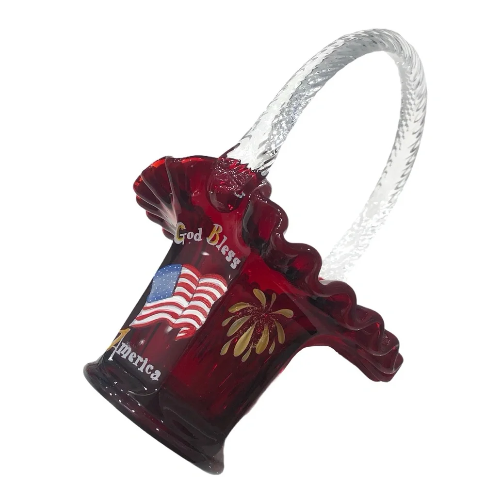 FENTON GOD BLESS AMERICA HAND PAINTED PATRIOTIC RED GLASS BASKET